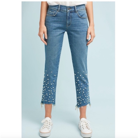 Anthropologie Pilcro Hyphen Pearl Rhinestone Women’s Raw Hem Denim Jeans 26 - Picture 1 of 13